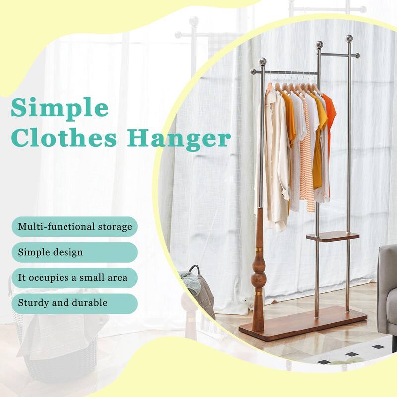 70"Coat Rack, Solid Wood & Silver Stainless Steel Clothing Rack, Double Layer Hanger for Coats, Hats, Bags, Shoes (34.6" Wide)
