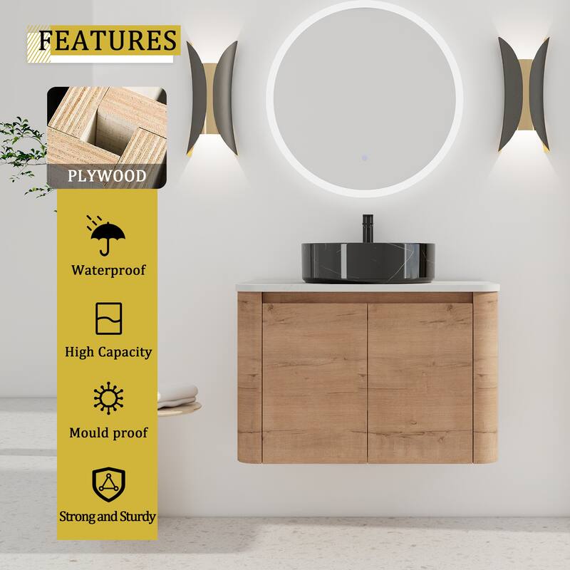 30'' Wall-Mounted Bathroom Vanity With Ceramic Art Sink & 2-Soft-Close Door, KD-Packing, Plywood