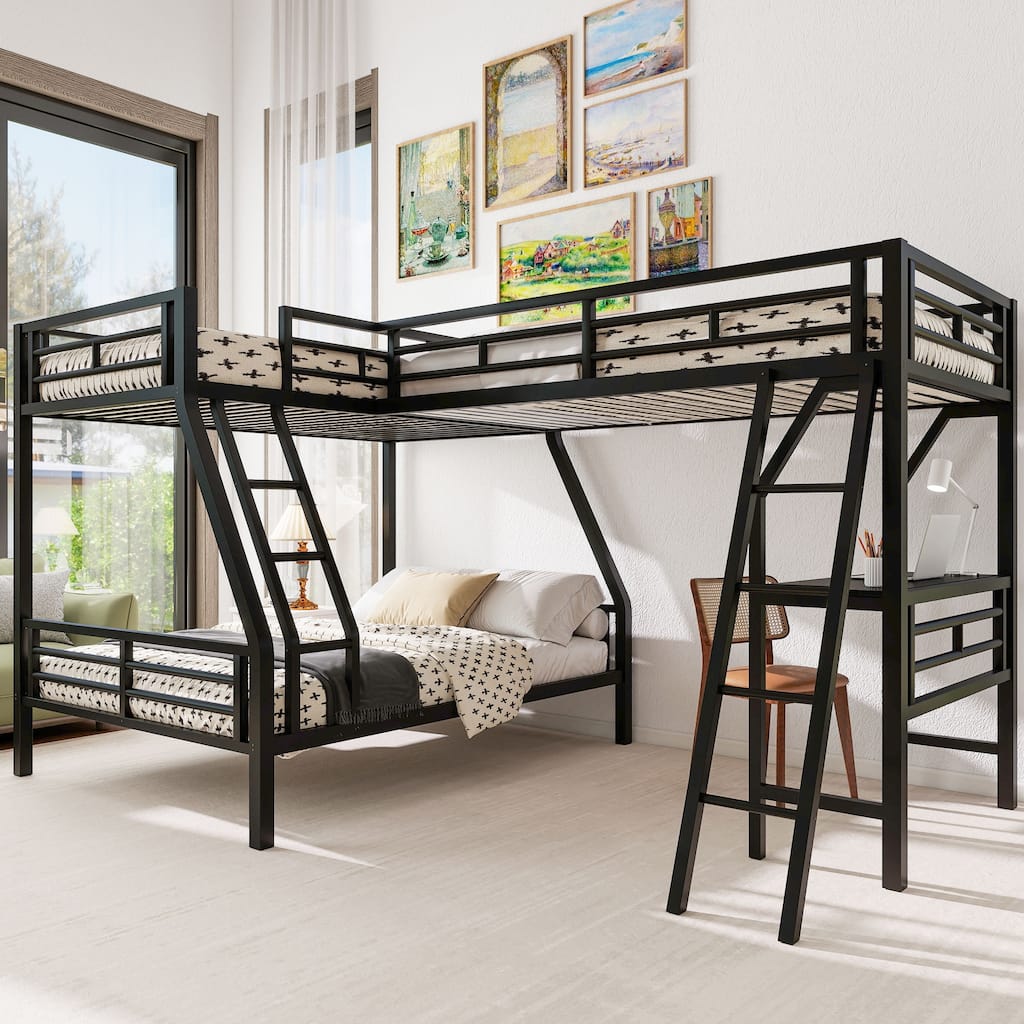 Roomfitters Twin Over Full Bunk Bed with Attached Twin Loft and Desk, Space-Saving Metal Frame for Bedroom, Black