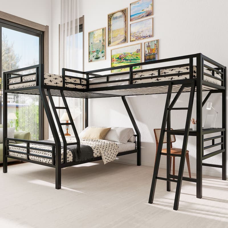 Triple Bunk Bed with Desk, Twin over Full and Loft, Metal Frame, Black - Black