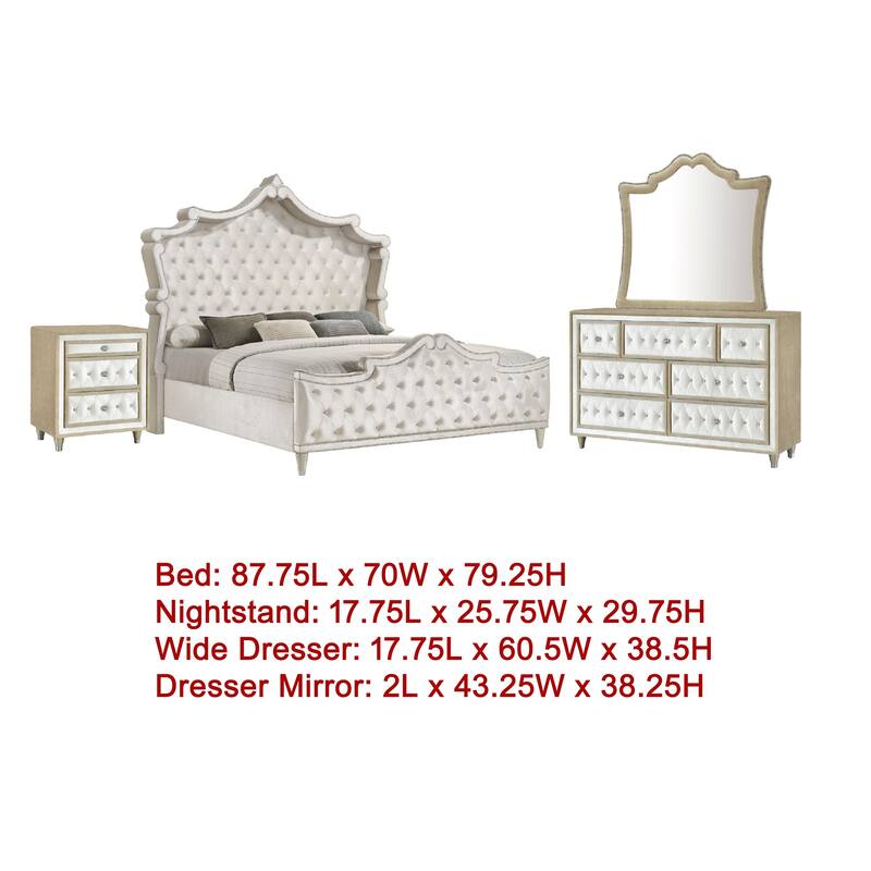 Lino 4 Piece Queen Bedroom Set, Classic Ivory White Velvet Upholstery
