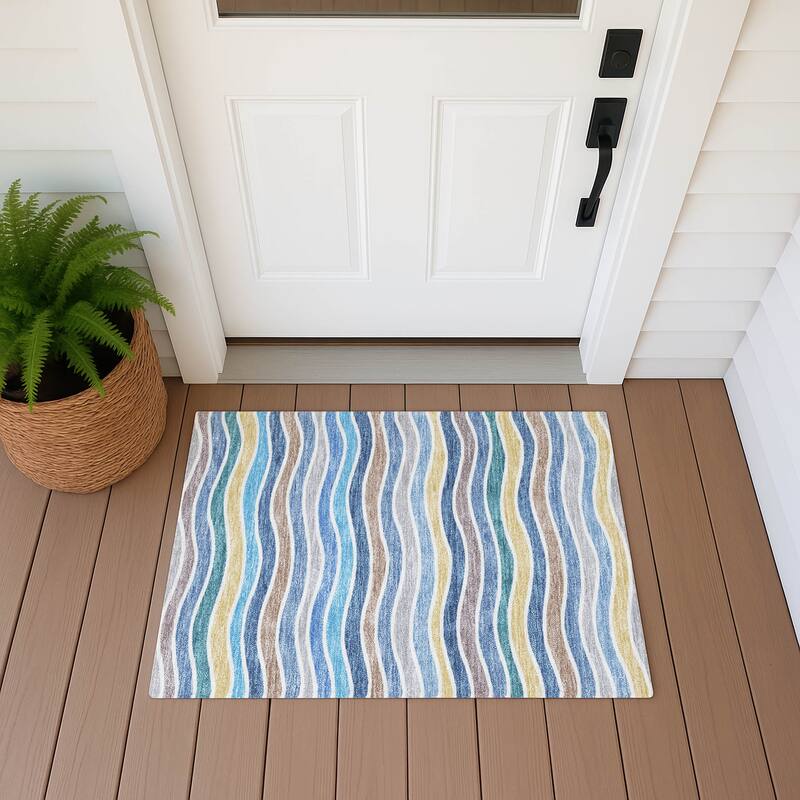 Machine Washable Indoor/ Outdoor Contemporary Stripe Chantille Rug - Blue - 1'8" x 2'6"