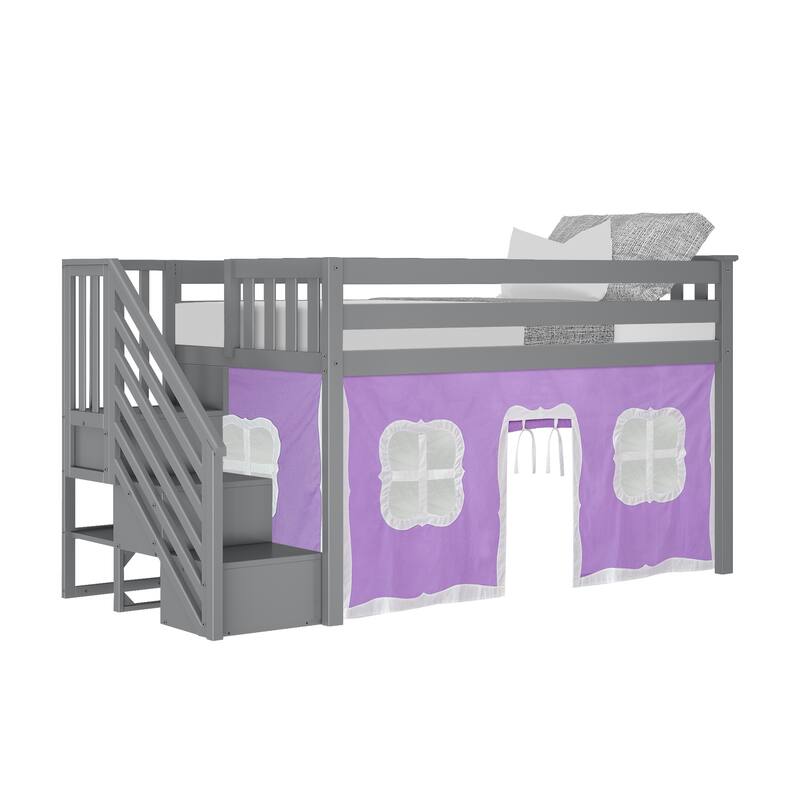 Max and Lily Twin Low Loft with Stairs and Curtains