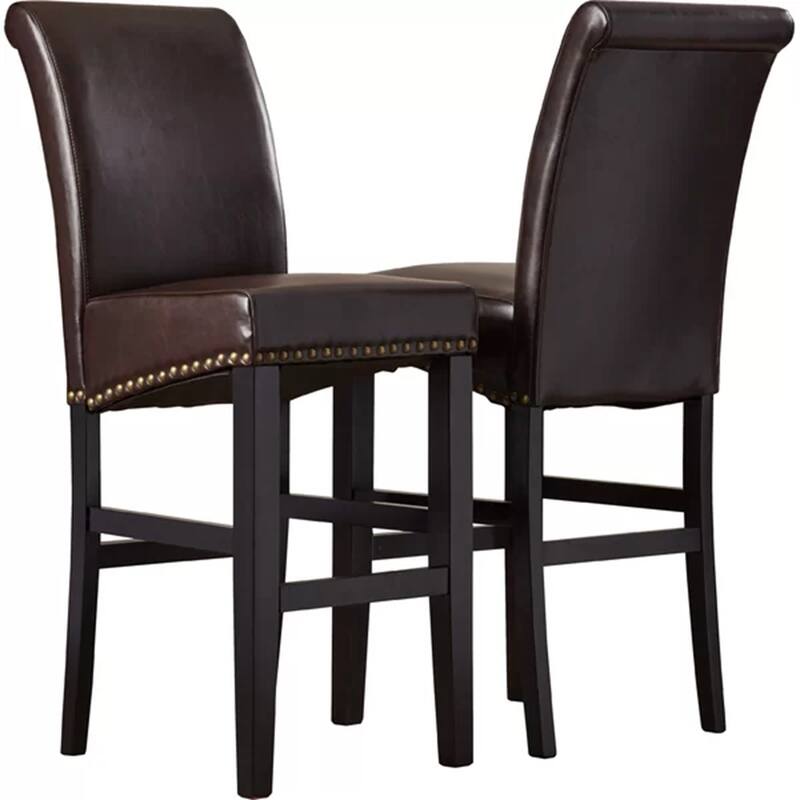 PU Leather Counter Chairs Set of 2 Barstools with Curved High Back, Nailhead Trim, Solid Wood Frame and Thick Upholstered Seat