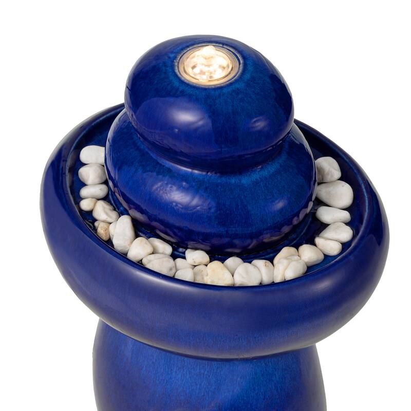 Glitzhome 22"H Zen-Style Cobalt Blue Pebbles Outdoor Ceramic Fountain with Pump and LED Light