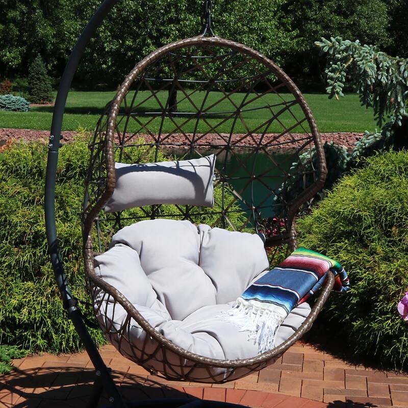Hanging Basket Egg Chair Swing - Resin Wicker - Gray Cushions