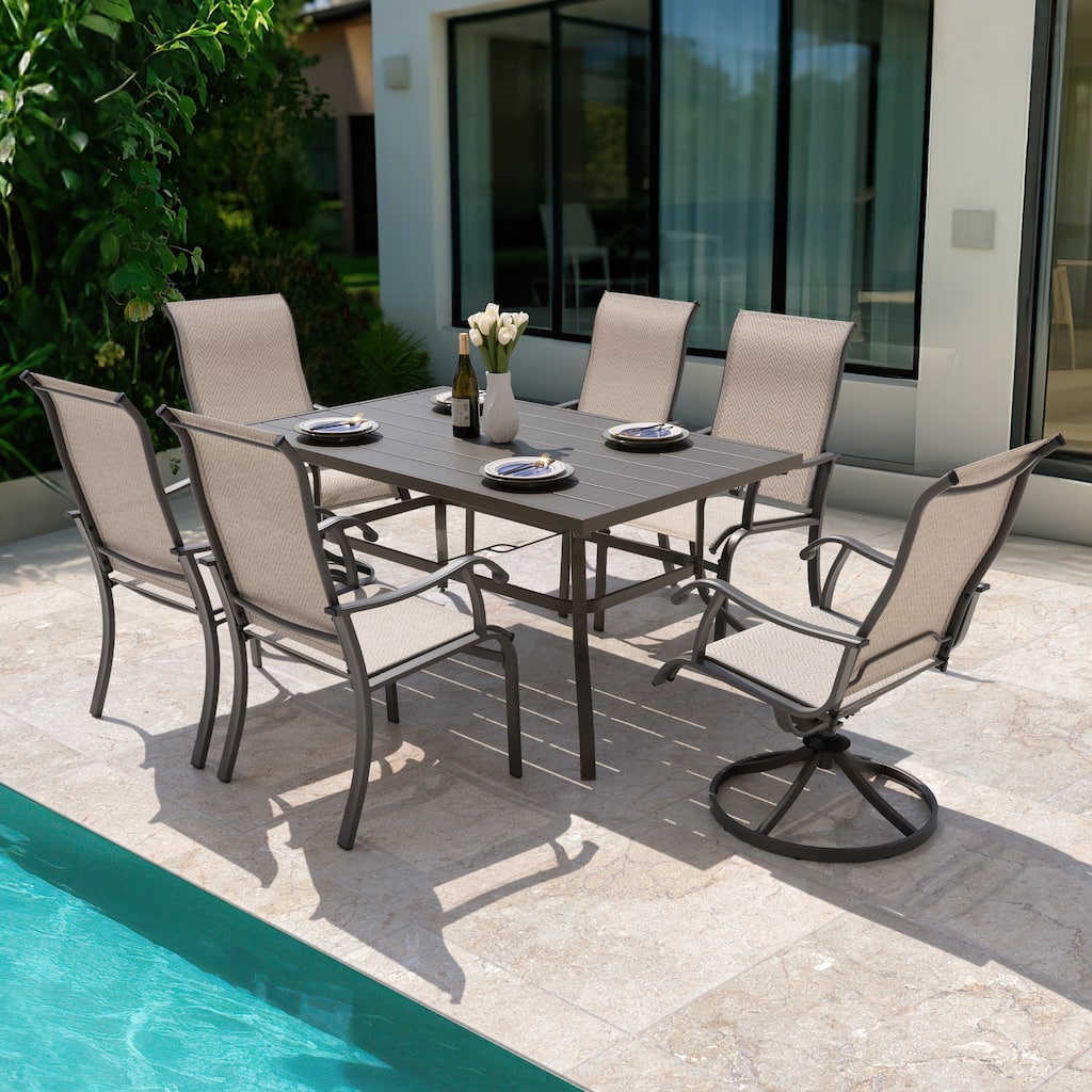 Patio 7 Pieces Textilene Dining Set with Swivel Design, Umbrella Hole