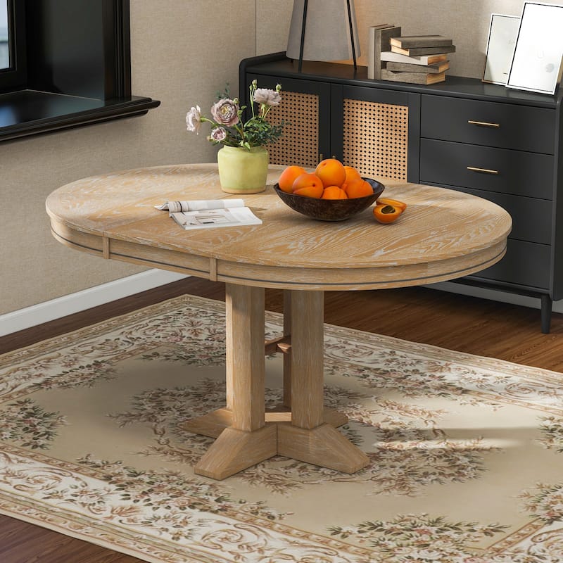 Farmhouse 56" Dining Table Expandable Round Design for Kitchen and Dining Room with X-Shape Support - Natural