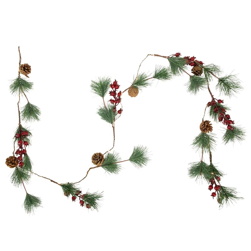 6.5' Pine and Berry Artificial Christmas Garland, Warm White LED