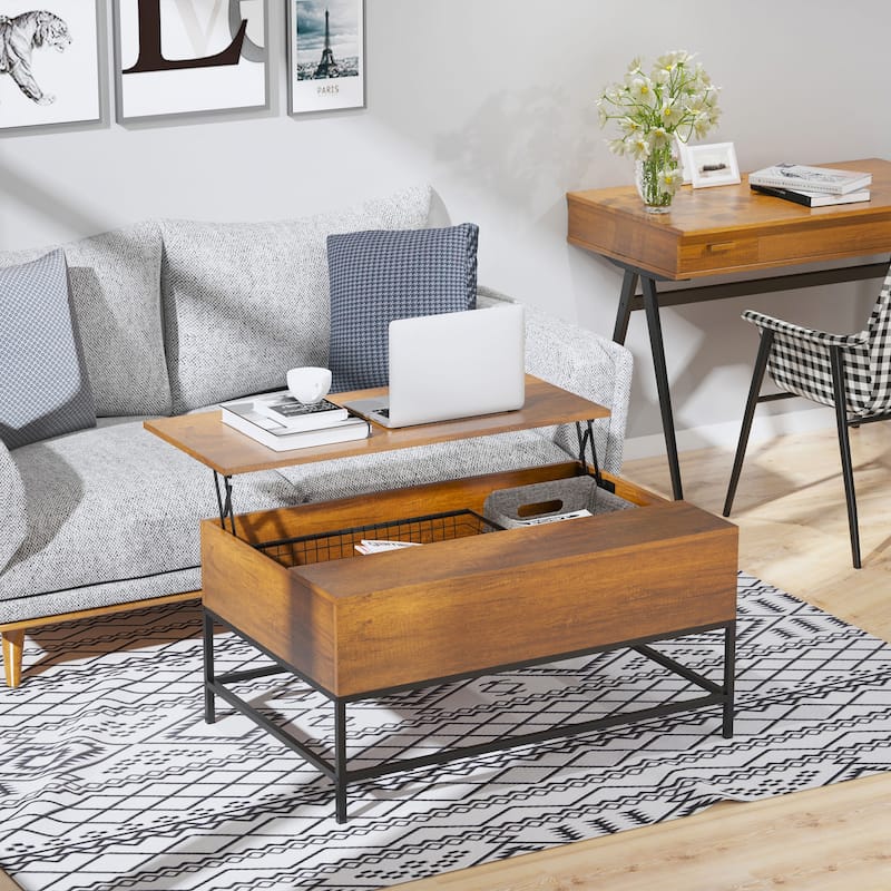 HOMCOM Lift Top Coffee Table with Hidden Storage Compartment and Steel Legs for Living Room