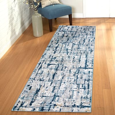 Gertmenian Quattro Lhasa Navy Polypropylene Modern Abstract Area Rug Runner - 2'7" x 8'