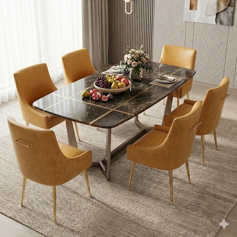 SEYNAR Modern Glam PU Leather Dining Chair or Vanity Chair Set of 6 with Rear Handle - Mustard