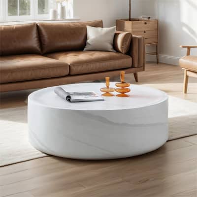 39.37''Marble Round Coffee Table Sturdy Fiberglass Table forLivingRoom