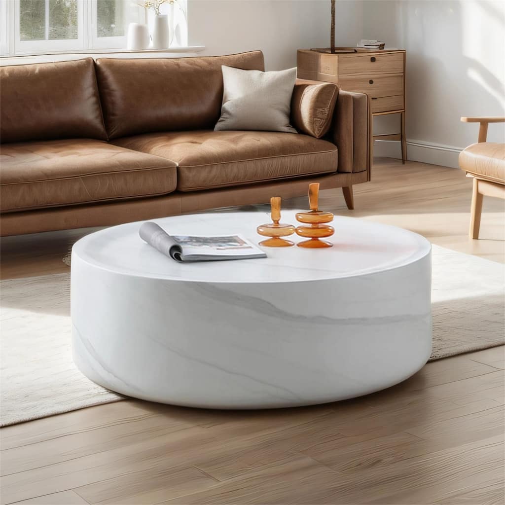 39.37''Marble Round Coffee Table Sturdy Fiberglass Table forLivingRoom