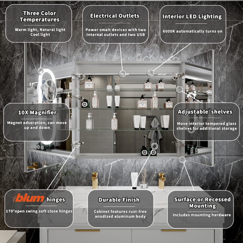 Modland 30"-48"W x 32"H Medicine Cabinet LED Mirrored Wall Mounted Bathroom Mirror with Storage