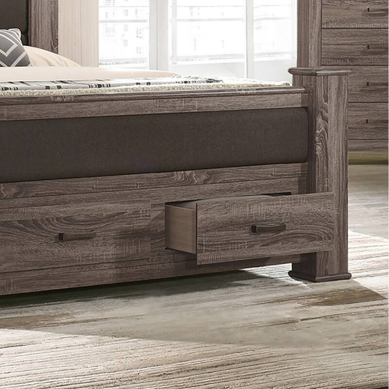 Upholstered Bed With Drawers In Weathered Grey