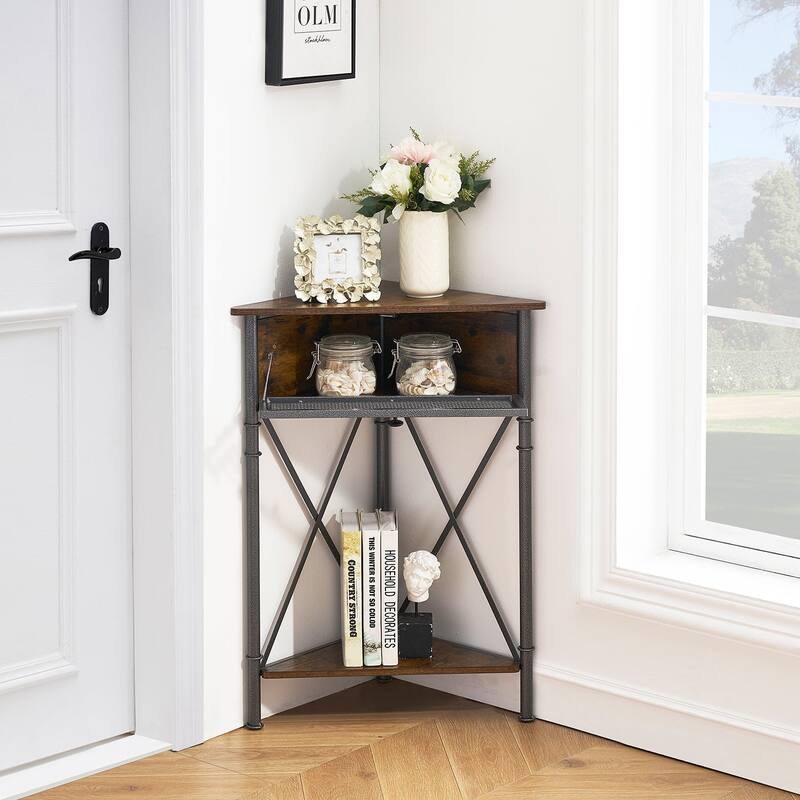 Javlergo Corner Table with Drawer and Storage Shelf, Triangle Freestanding Floor Cabinet for Kitchen, Living Room and Bedroom
