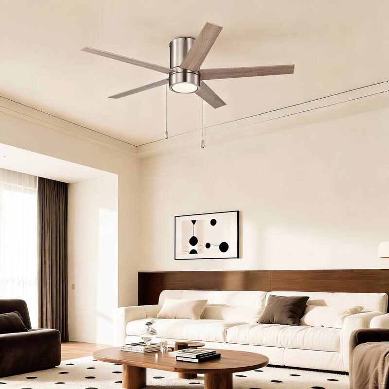 52 in. Indoor Flush Mount Ceiling Fan with 5 Blades & 18W 3CCT LED - 3 Finish Options, Pull Chain Control