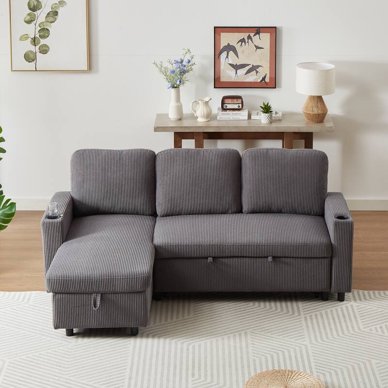 Modern Corduroy Reversible Sleeper Sofa Bed with Pullout Bed, L-Shaped Combo Sofa for Tight Spaces, Living Room, and Office