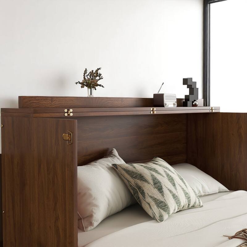Space-Saving Queen Murphy Bed with Rattan Decoration, Power Station & Large Drawer