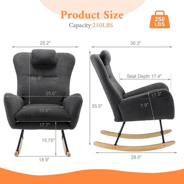 6 Colors Soft Teddy Fabric Wingback Rocking Chair with Solid Wood Base ...