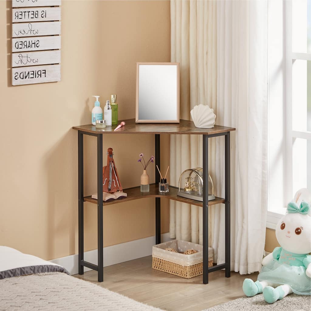 Javlergo Corner Computer Desk, 90-Degree Triangle Table w/Storage Shelf Side Table