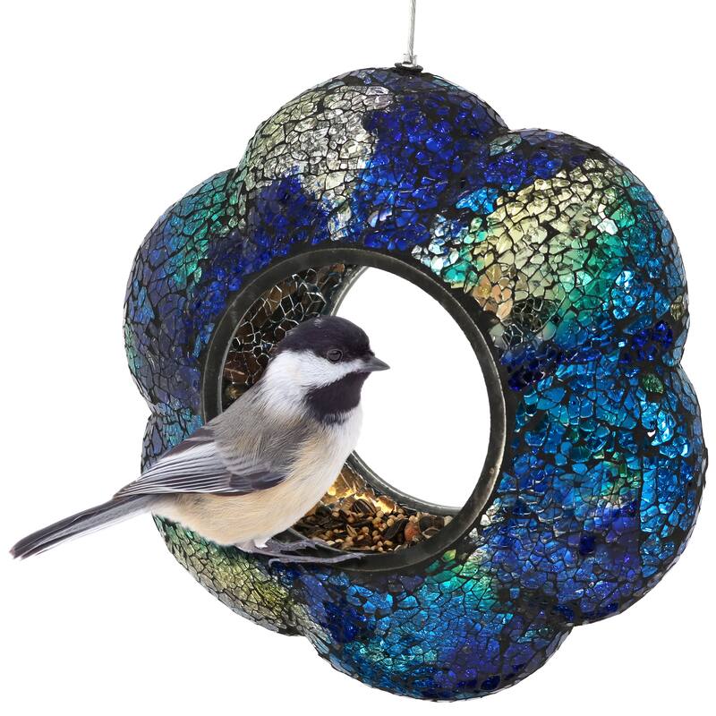 Outdoor Hanging Bird Feeder Indigo Glass Flower Fly-Through - 9"