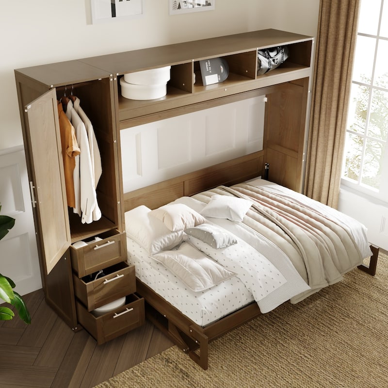 Full Murphy Bed with Wardrobe, Drawers, and Open Shelves
