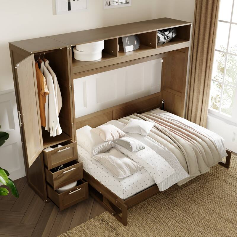 Full Size Murphy Bed with Wardrobe, Drawers & Shelves