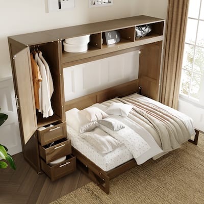 Wood Full Size Wall Bed Murphy Bed with Wardrobe, Drawers and Open Shelves