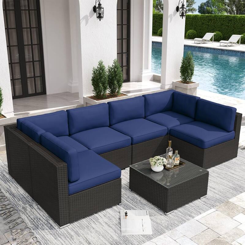 7 Piece Outdoor Patio Furniture Set Grey/Black Wicker Conversation Sectional Sofa Set with Coffee Table and Cushions - Black/Dark Blue