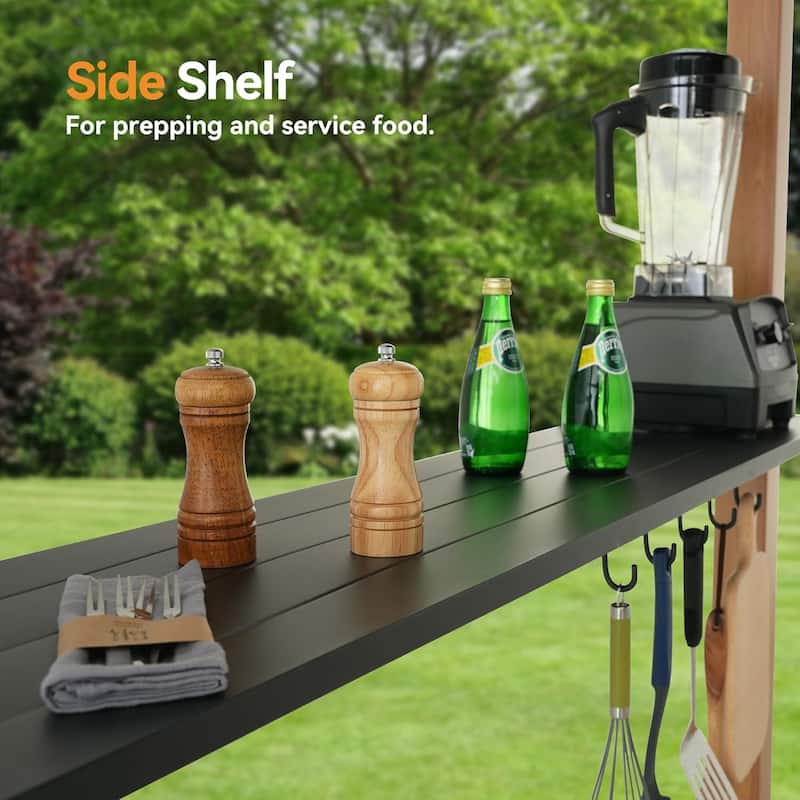 Hardtop Grill Gazebo 6'x12'with Side Shelf, Outdoor Gazebo with Bottle Opener, Wood-Looking