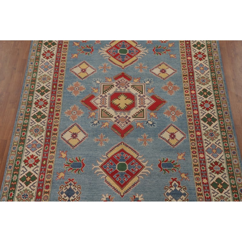Blue Geometric Kazak Area Rug Hand-Knotted Traditional Wool Carpet - 6'8" x 9'9"