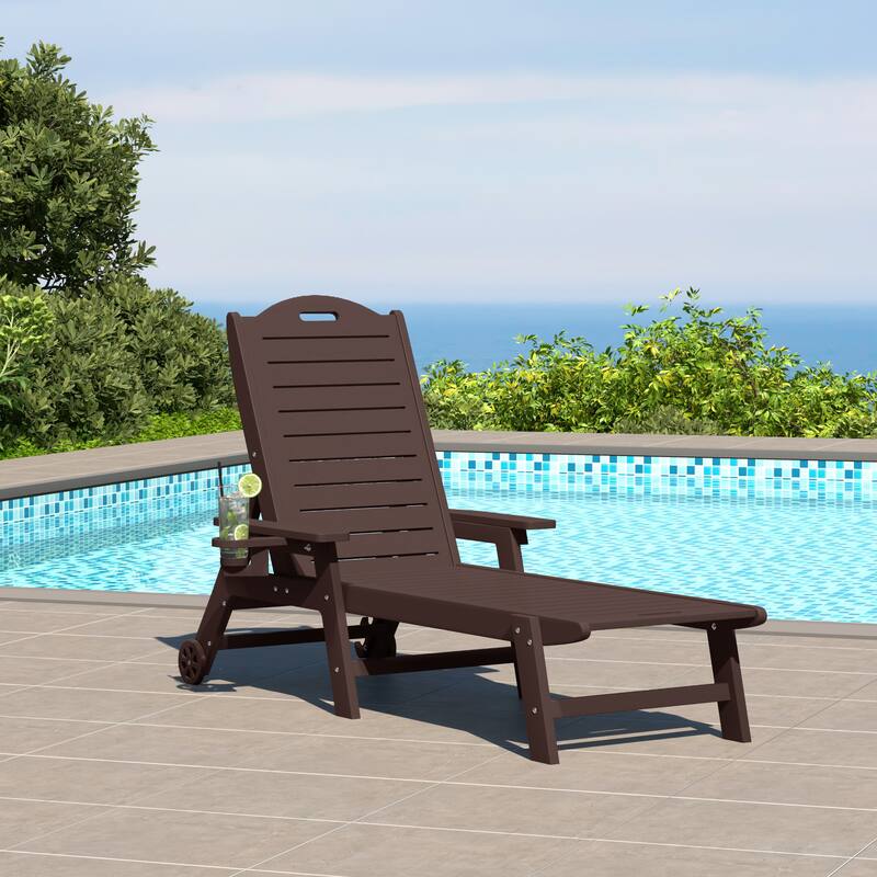 Brighton Outdoor Poly Reclining Chaise Lounge with Wheels & Cup Holder