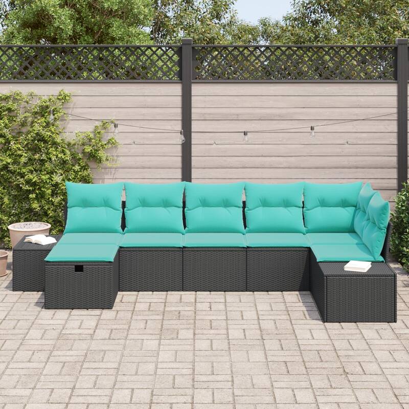 vidaXL 7/8 Piece Garden Sofa Set with Cushions Black Poly Rattan - 125.6×60.6×27.2