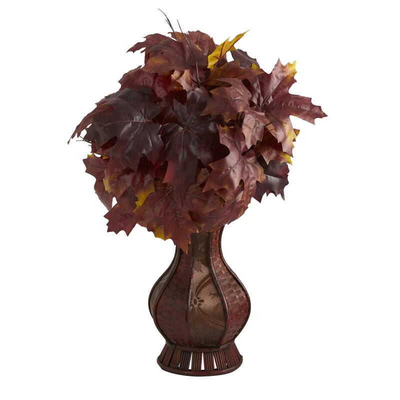 Artificial Maple Leaf Plant in Planter - 20 Inch Fall Foliage Decor for Home Tabletop - Burgundy - 24