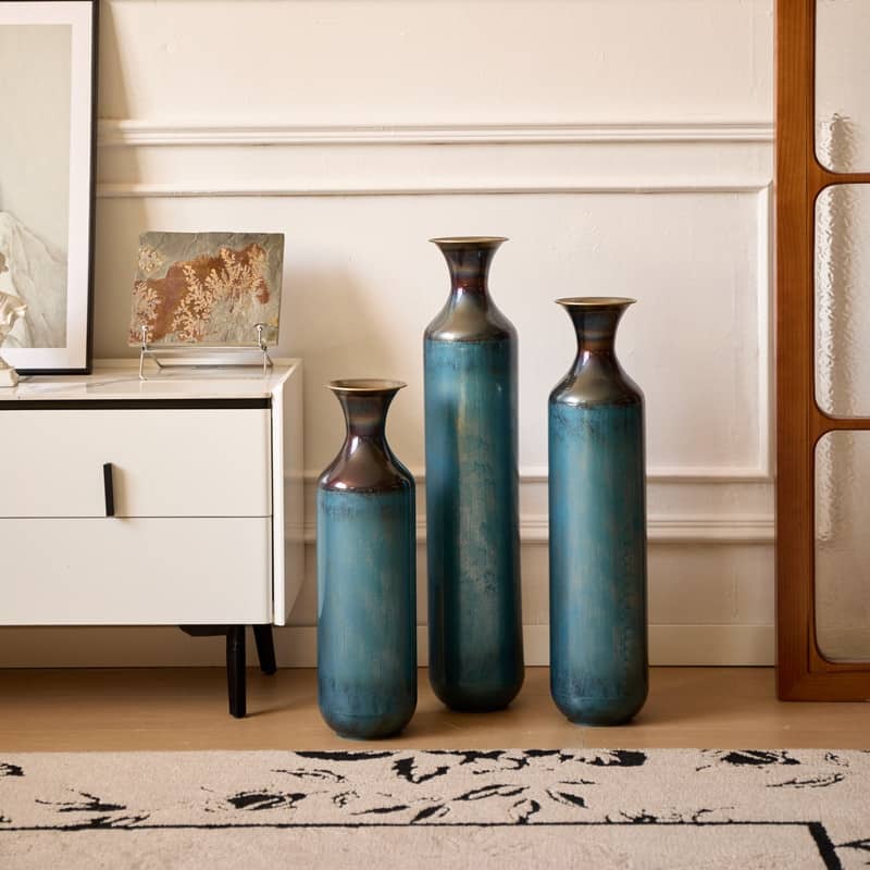 Large White Droplet-Shaped Glazed Metal Floor Vase Set (3-Piece) ，Modern Home Decor for Living Room, Entryway & Office