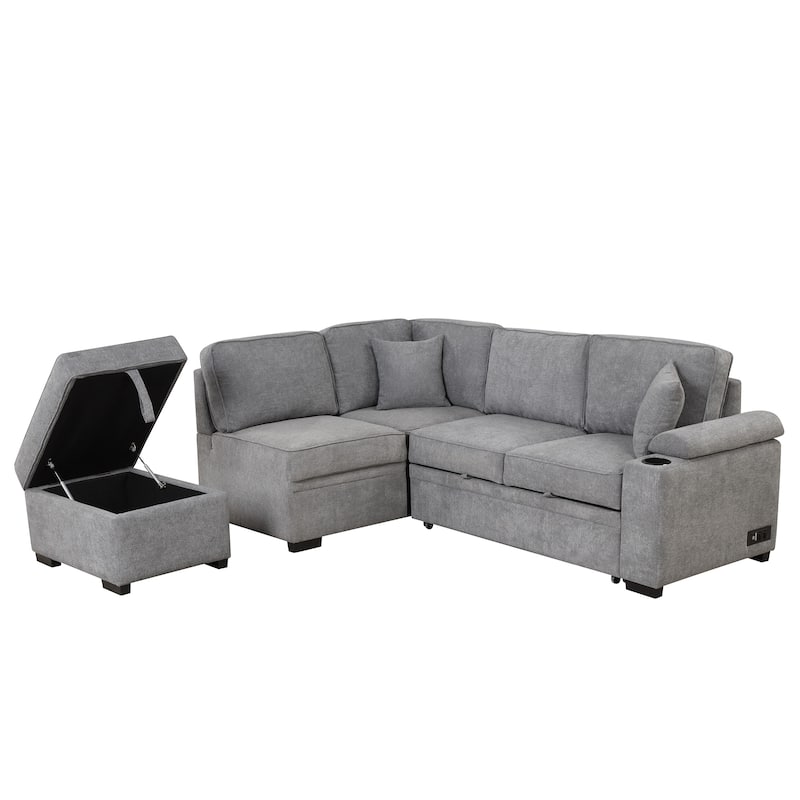 Grey 84.75'' L-Shaped 5-Seat Sleeper Sofa Bed with Storage Ottoman and Pull-Out Features, Ideal for Living Rooms