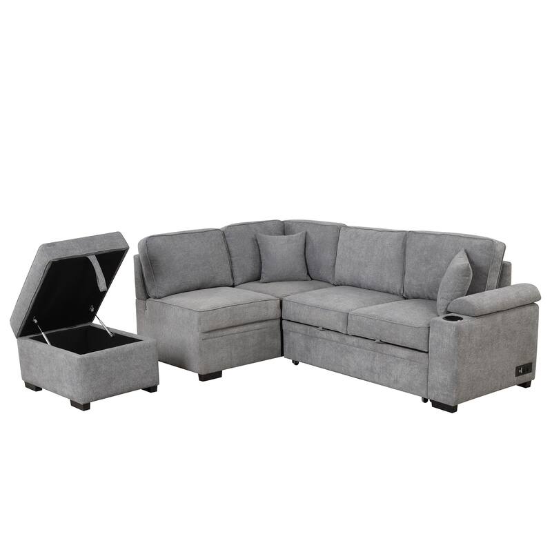 Sleeper Sofa Bed with Storage Ottoman, 2 in 1 Convertible Sectional Sofa Couch, Linen 4-Seater Sofa with Cup Holder