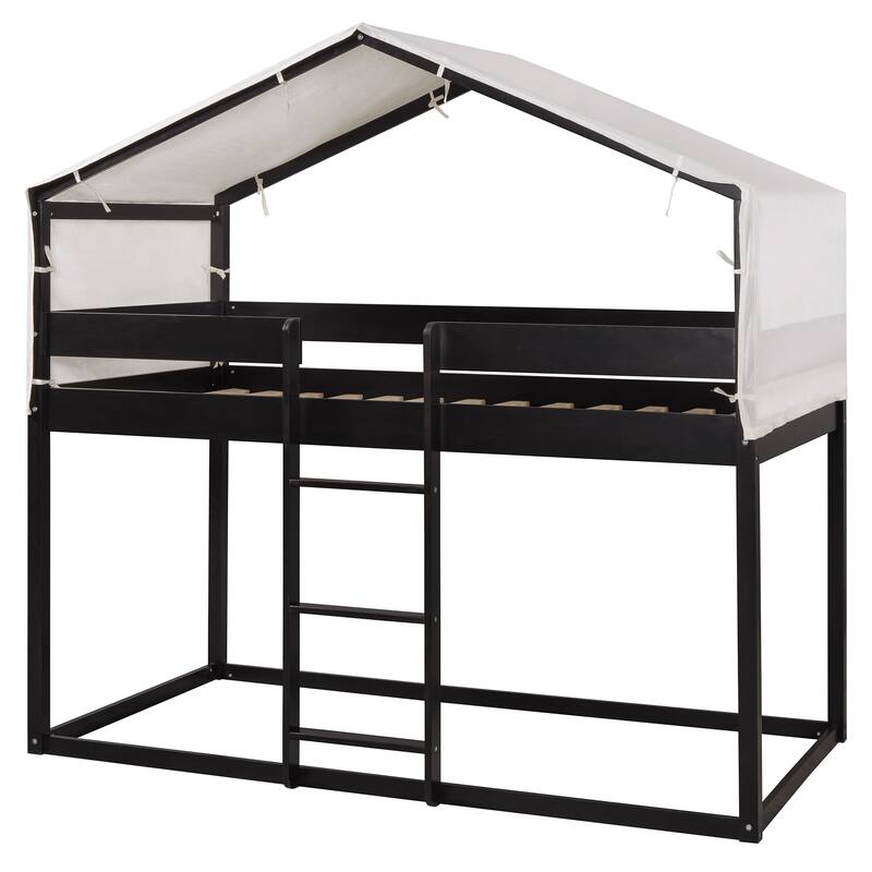 Twin Over Twin Wood Bunk Bed with Play Tent and Espresso Solid Wood, 250lb Capacity, Fun House Design for Kids