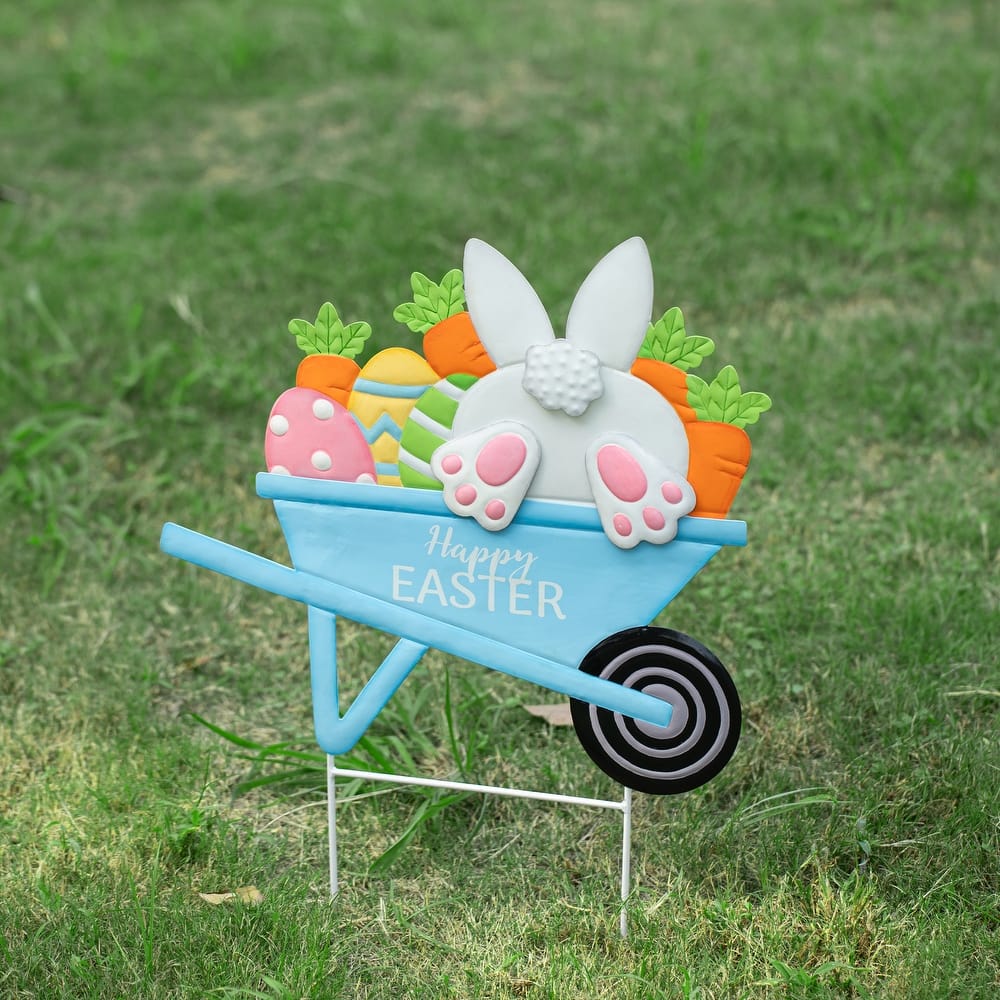 Glitzhome Easter Metal Wheel Barrow Garden Cart Yard Stake Spring Wall Hanging Decor