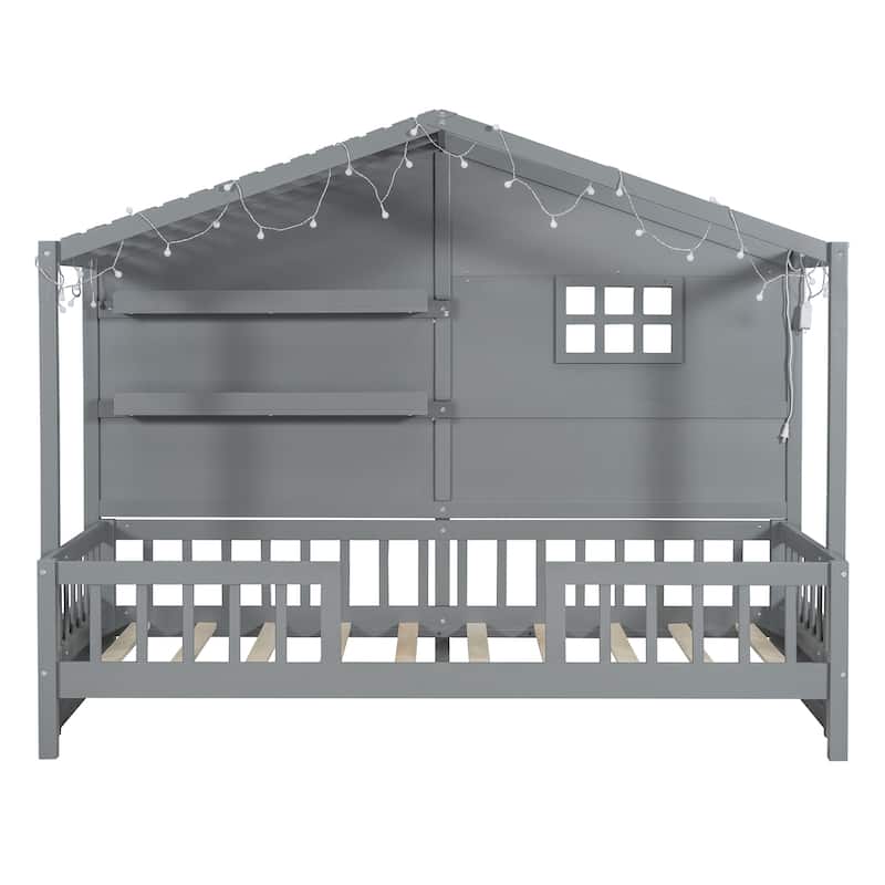 Nestfair Twin Size House Bed with Window and Sparkling Light Strip on the Roof