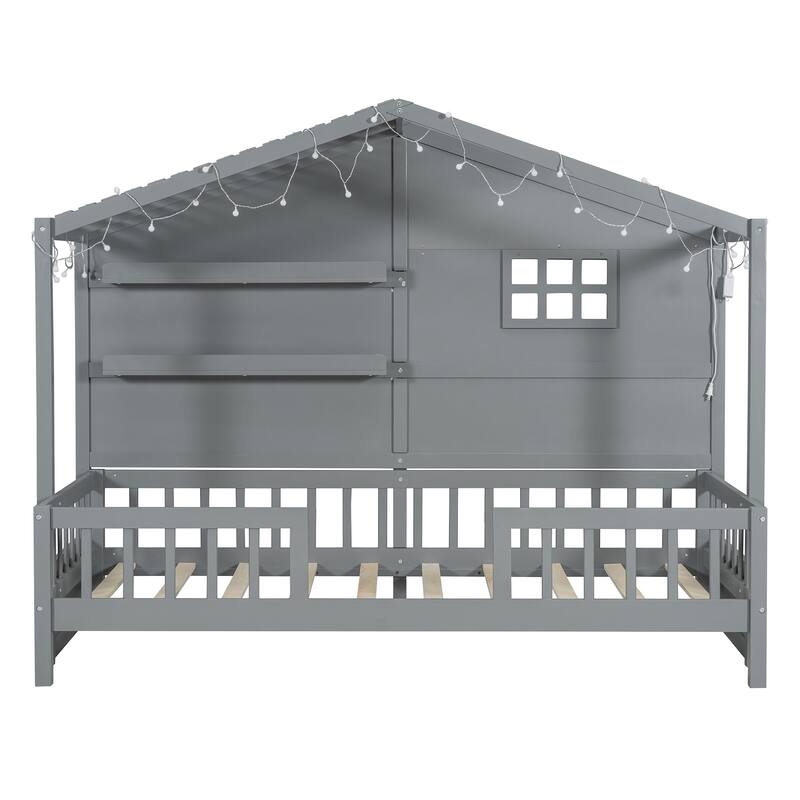Twin Size House Bed with Shelves, Gray Wood Platform Bed with Window & Sparkling Light Strip on The Roof, No Box Spring Needed