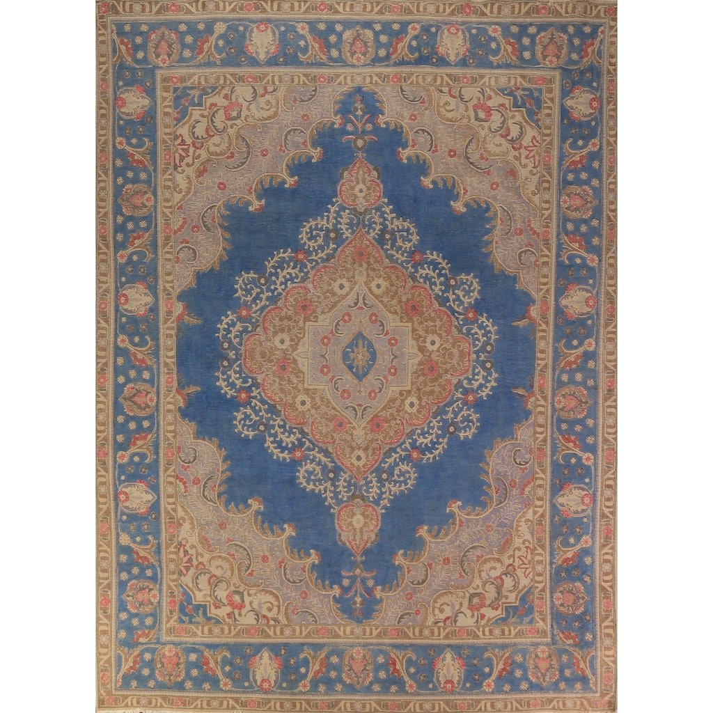 Blue Traditional Tabriz Persian Rug Hand-Knotted Wool Carpet - 9'4"x 12'7"