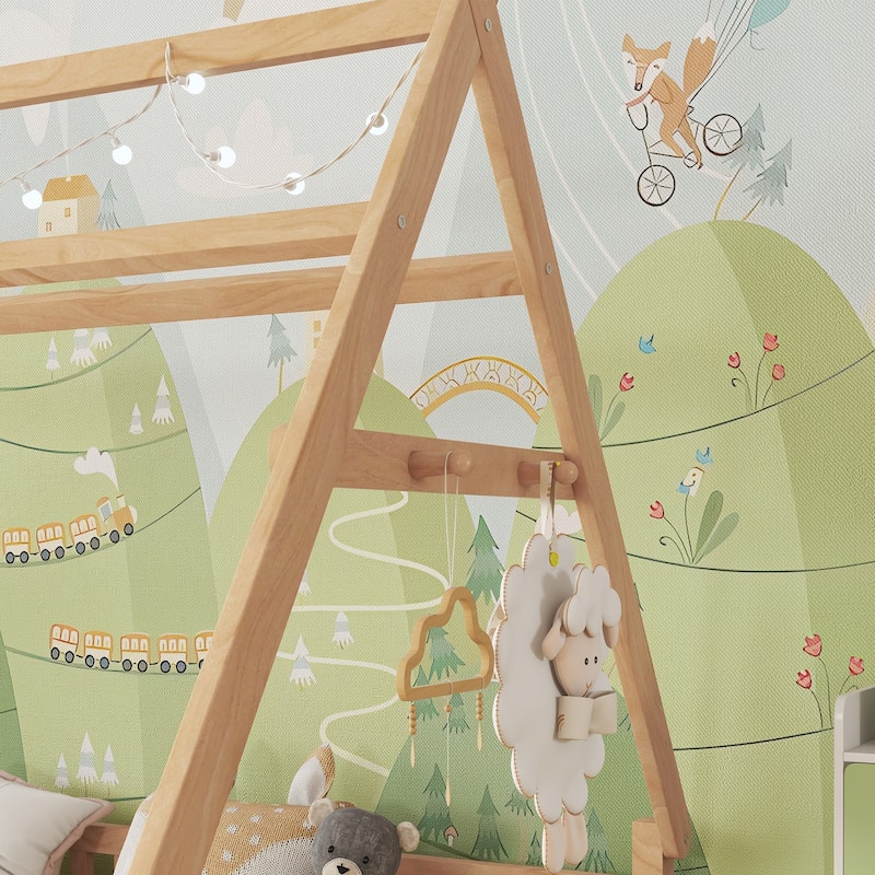 Full House Bed w/ Light, Low Floor House Bed w/ Fence & Roof - Natural