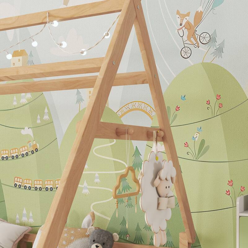 Full House Bed with Light, Low Floor Design, Fence and Roof for Kids, Natural Wood Finish