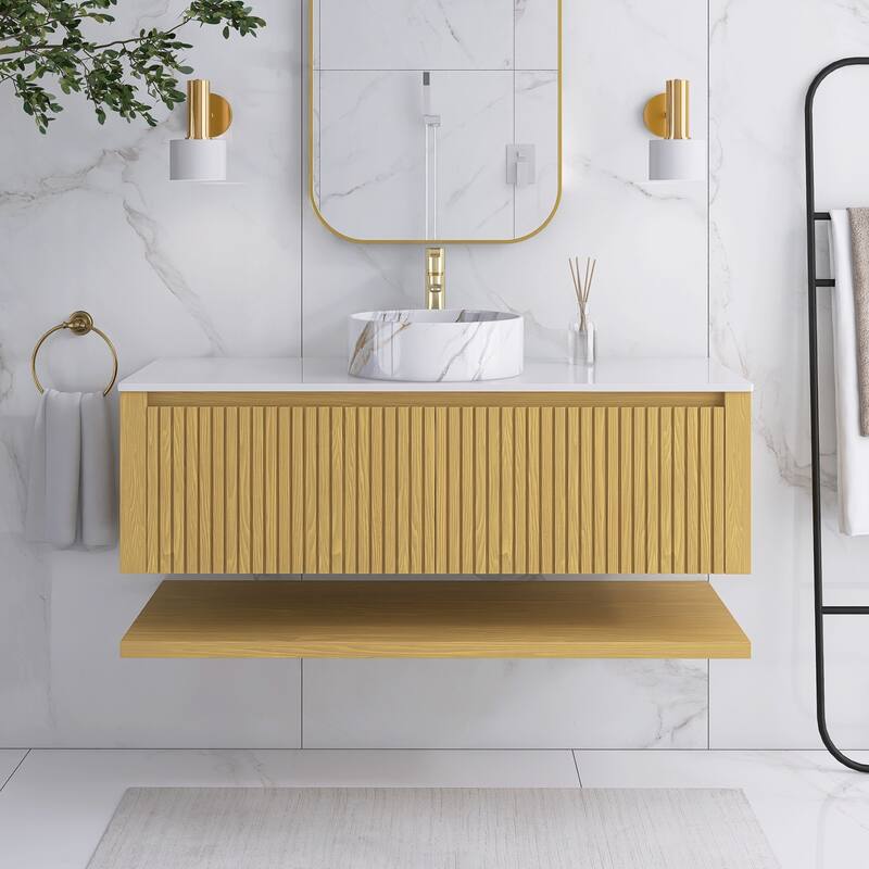 48" Wall-Mounted Bathroom Vanity with Ceramic Sink - 47.64'' x 18.9'' x 20.2'' - Oak and Black