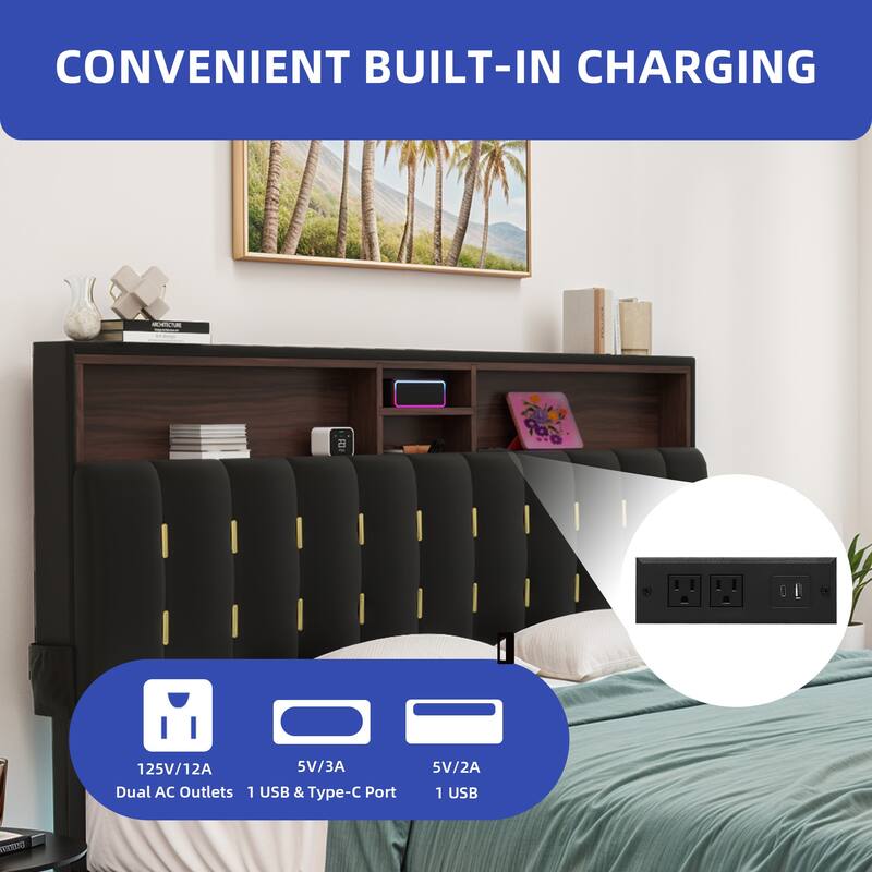 Moasis King Black Floating Bed Frame Upholstered Platform Bed with RGB LED Lighting