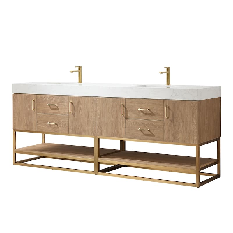 Alistair 84" Double Vanity with White Grain Stone Top without Mirror - 84" x 22" - 84" x 22" - North American Oak(Gold Hardware)