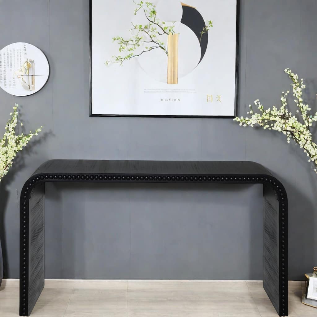 59" Wood Console Table with Waterfall Design and Beaded Trim for Entryway, Living Room, Corridor